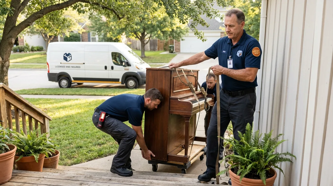 Licensed piano movers securing grand piano in Alsip, IL